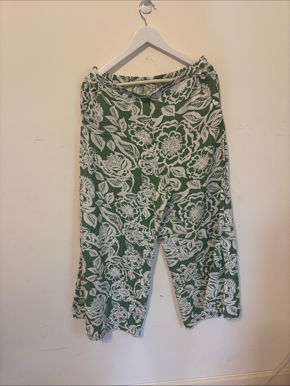 Green Floral high waisted linen blend Wide-Leg Pants